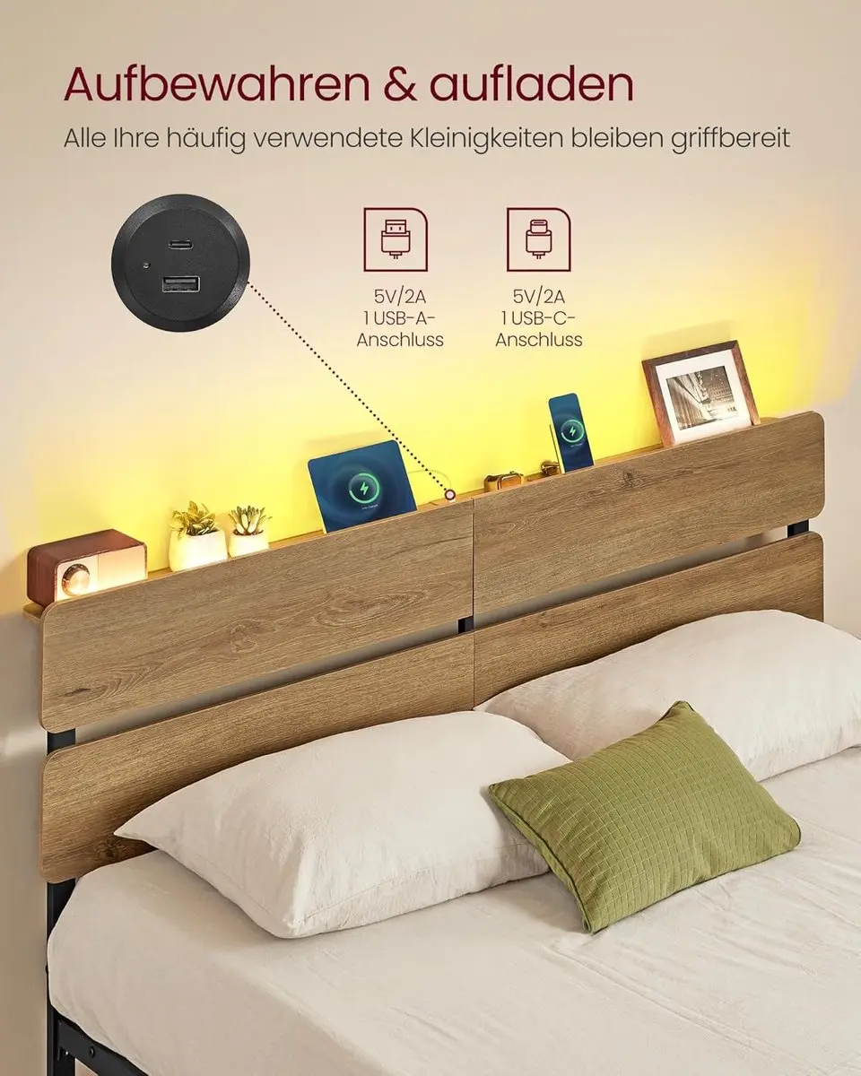 Songmics Tweepersoonsbedframe met Verlichting 140x200cm - Natuurlijk bruin - afbeelding 2 van 6