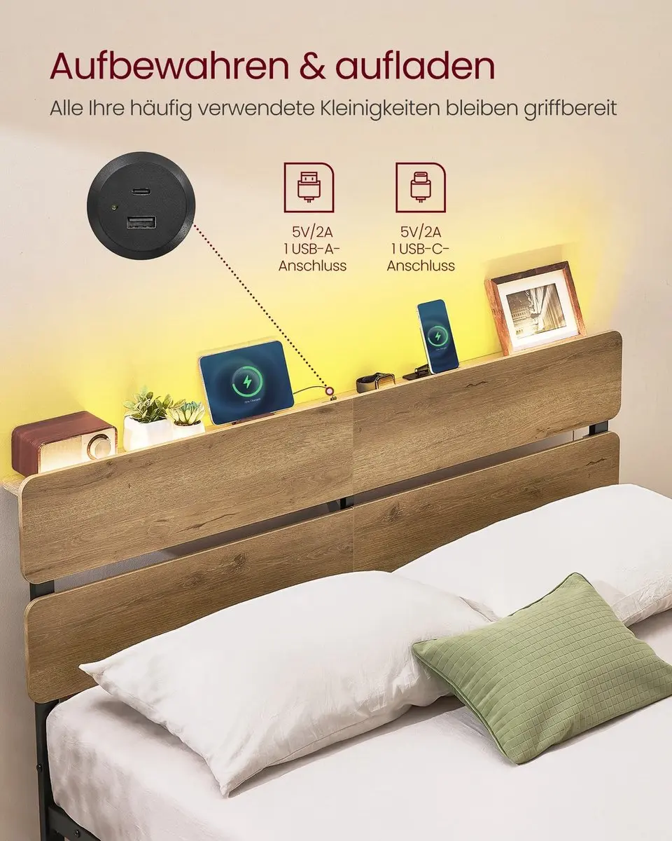 Songmics Tweepersoonsbedframe met Verlichting 140x200cm - Natuurlijk bruin - afbeelding 6 van 6
