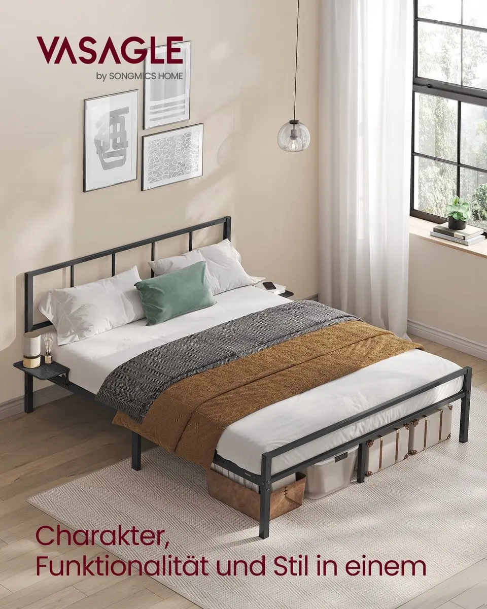 Songmics Bedframe met opbergplanken 206,5x140,5x87cm - Zwart - afbeelding 2 van 6