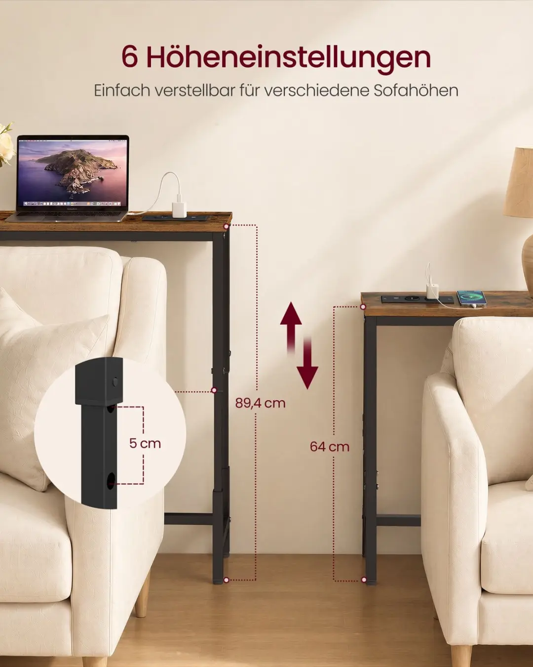Songmics LNT187K102 Hoogteverstelbaar Meubel - Stopcontact - Bruin/Zwart - afbeelding 2 van 6