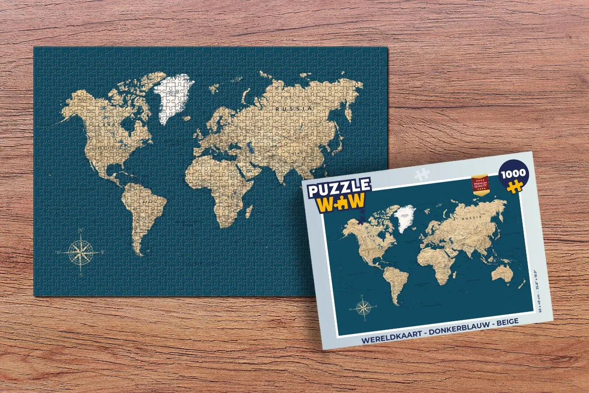 PuzzleWow Wereldkaart Legpuzzel 1000 Stuks - Donkerblauw