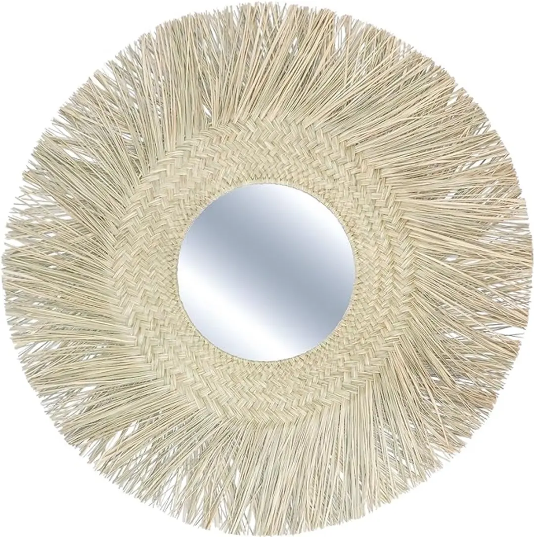 Ronde spiegel , diameter 90 cm, diameter spiegeloppervlak 30 cm, gevlochten stro