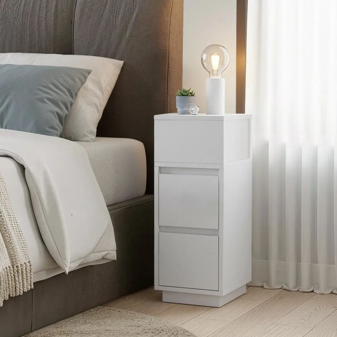 Smalle bijzettafel – Hout – Wit – 2 lades en open vak - afbeelding 2 van 2