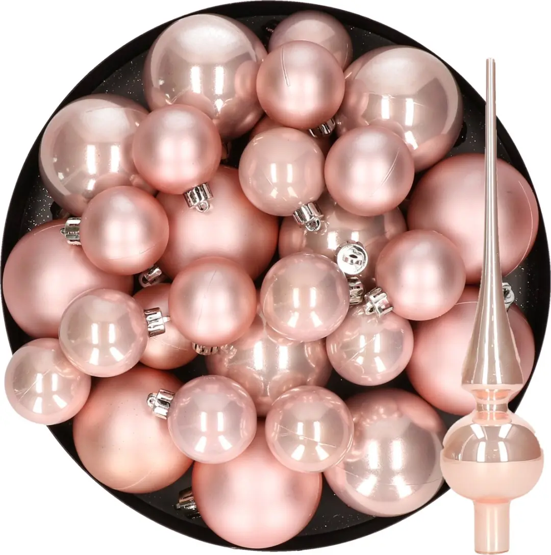 Kerstversiering kunststof kerstballen met glazen piek lichtroze 6-8-10 cm pakket van 37x stuks - Kerstboomversiering