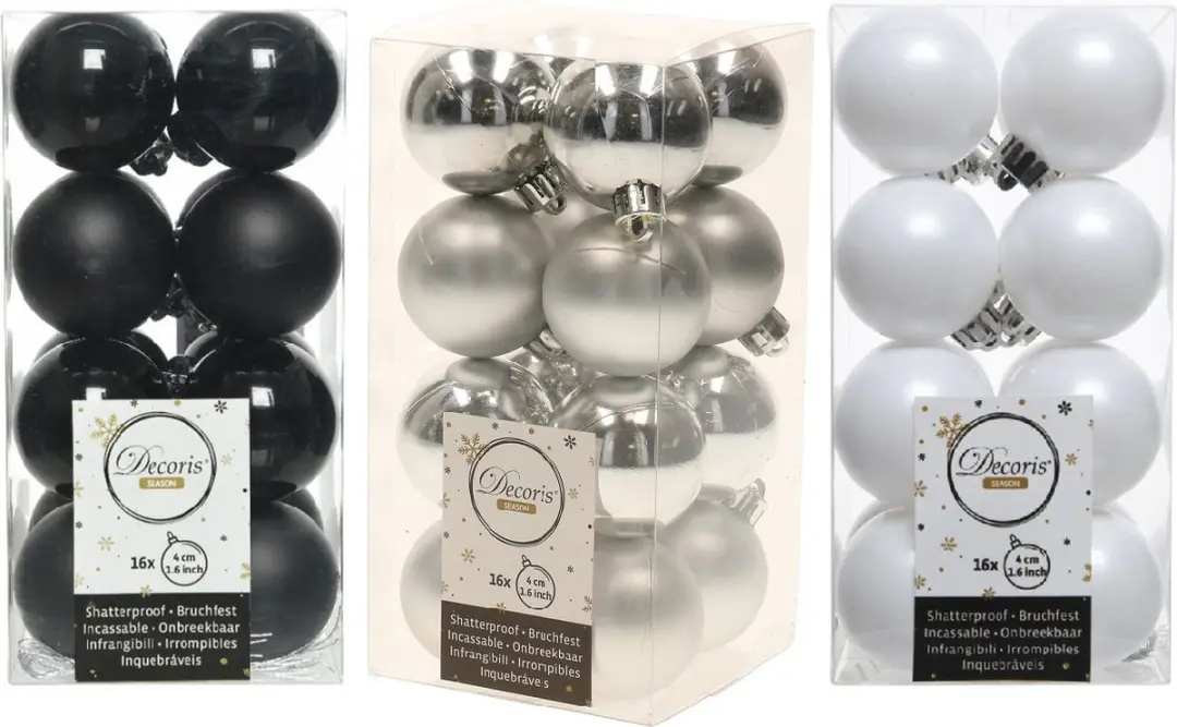 48x Stuks kunststof kerstballen mix zwart/zilver/wit 4 cm