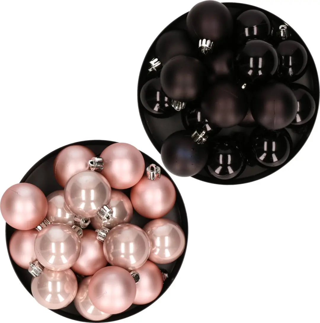 Kerstversiering kunststof kerstballen kleuren mix zwart/ lichtroze 4 en 6 cm pak