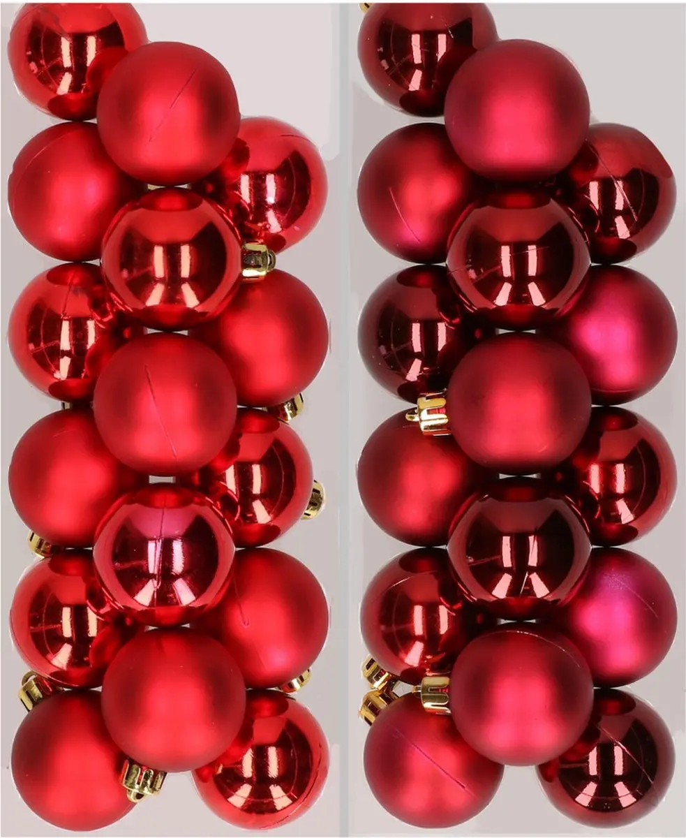 32x stuks kunststof kerstballen mix van rood en donkerrood 4 cm