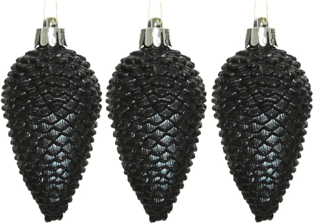 6x Zwarte dennenappels kerstballen 8 cm - Glitter - Onbreekbare plastic kerstballen - Kerstboomversiering zwart