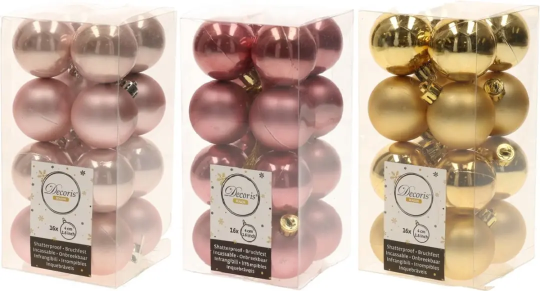 48x Stuks kunststof kerstballen mix goud/lichtroze/oud roze 4 cm
