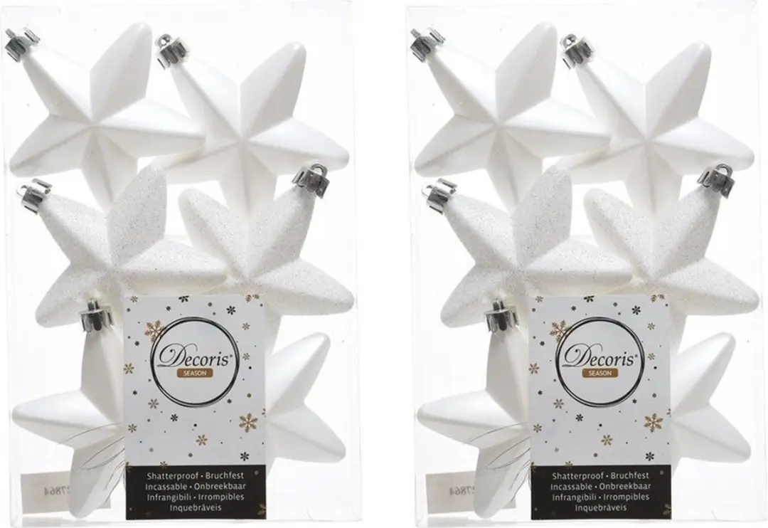 Decoris kersthanger sterren - 12x st - wit - 7 cm - kunststof - kerstornamenten - kerstversiering