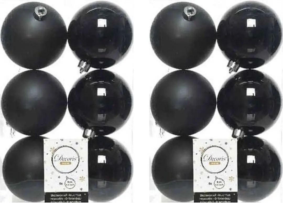 Decoris kerstballen - 12x st - zwart - 8 cm - kunststof - mat en glans - kerstversiering