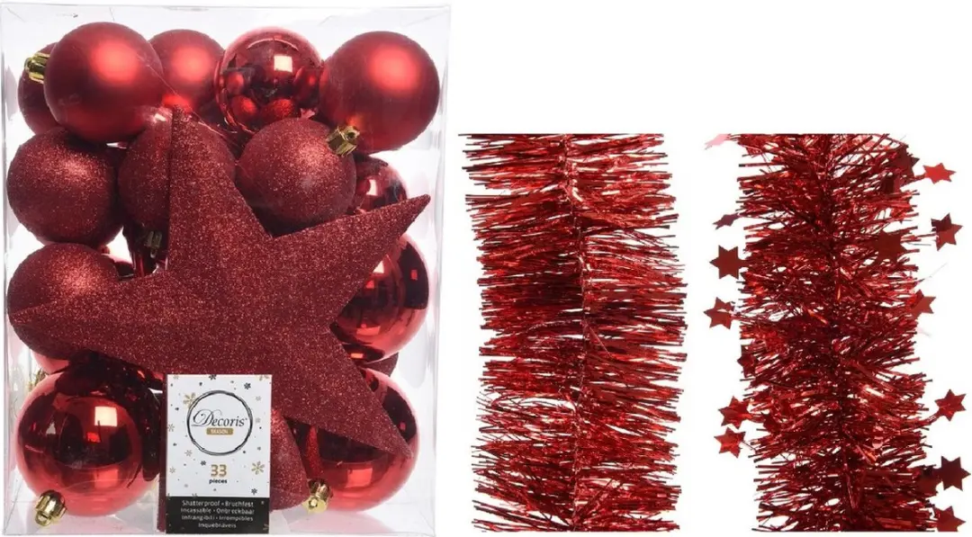 Kerstversiering kunststof kerstballen 5-6-8 cm met ster piek en folieslingers pa