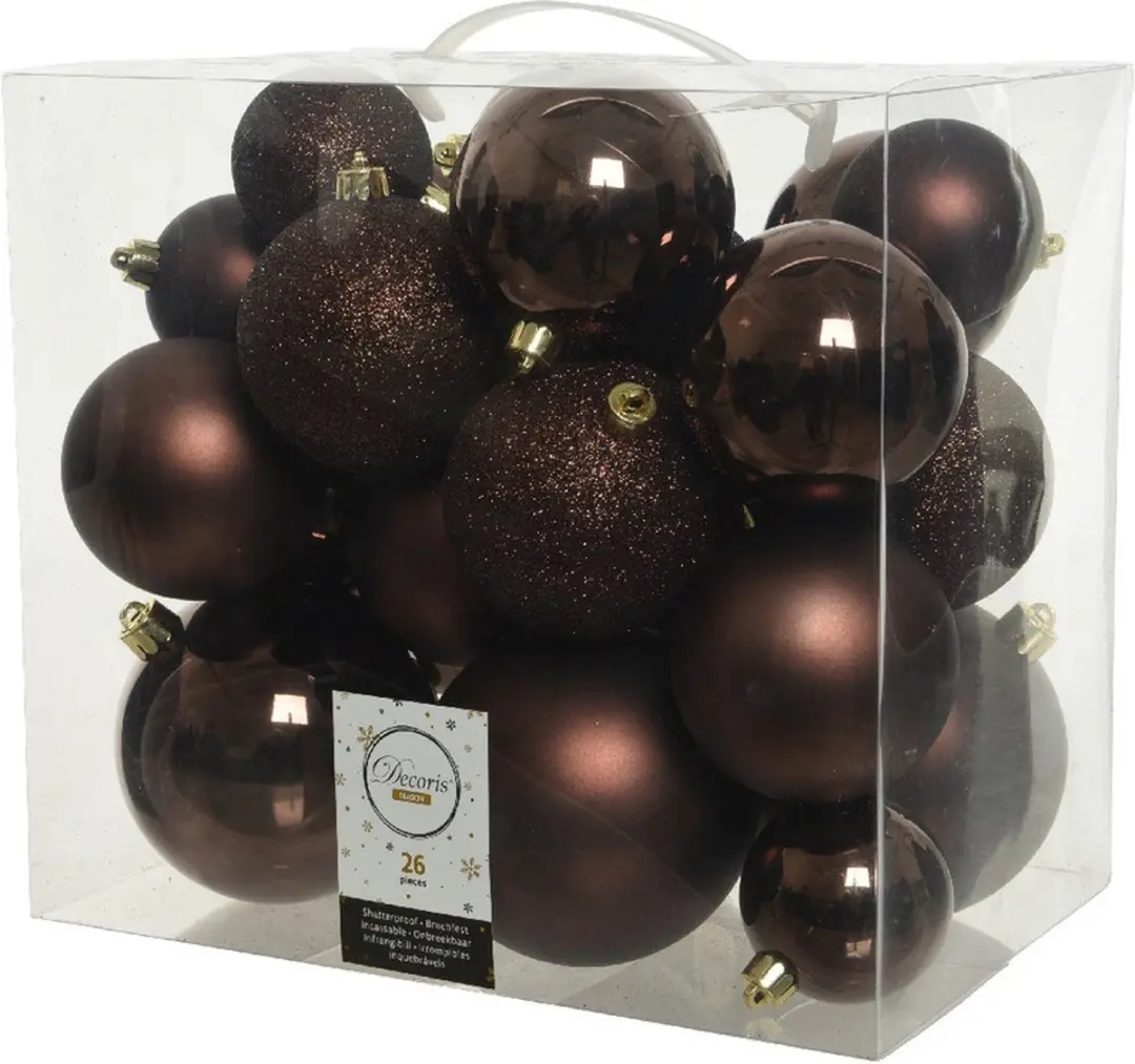 Decoris Kerstballen - 26x st - donkerbruin - 6-8-10 cm - kunststof - kerstversiering