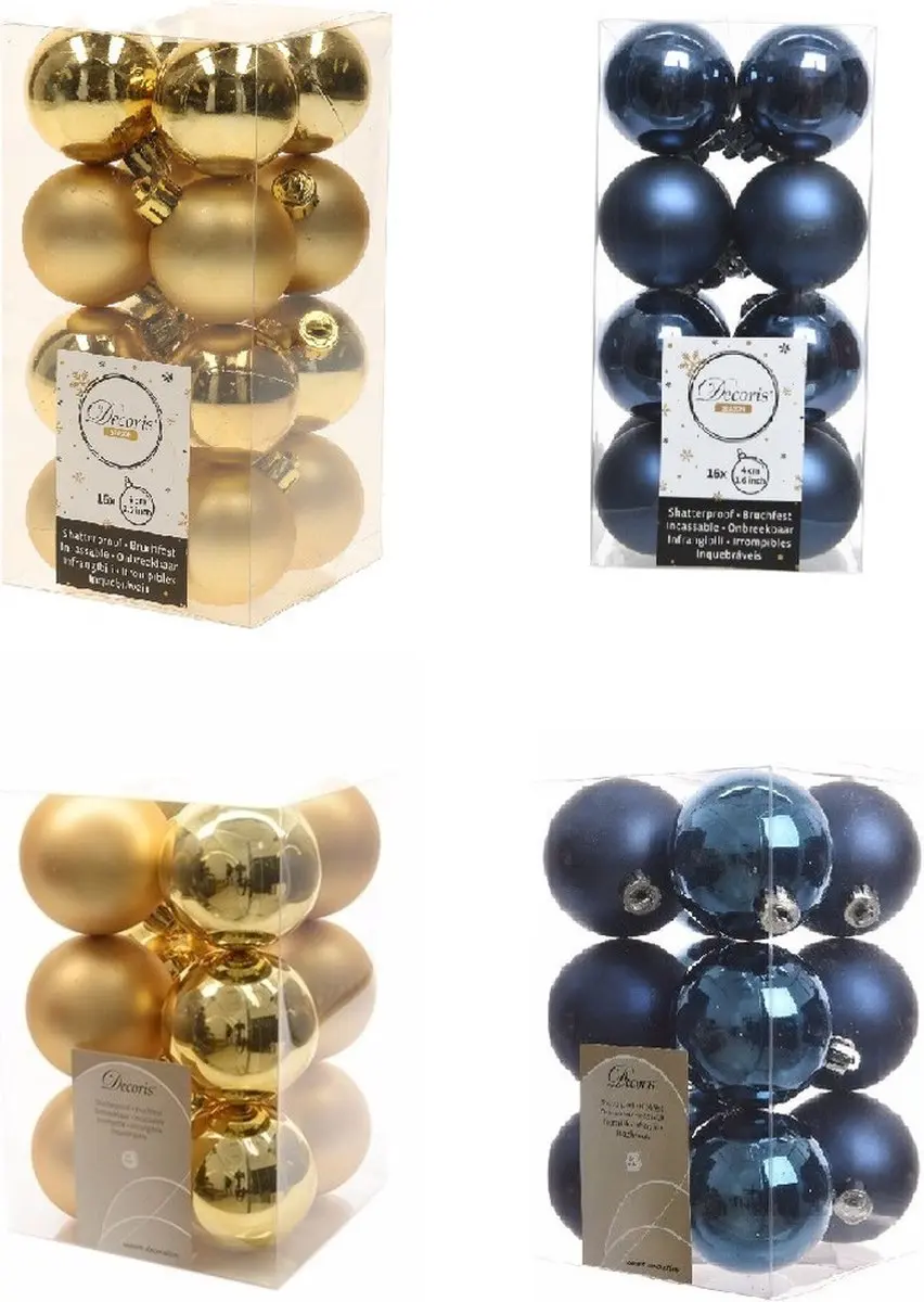 Kerstversiering kunststof kerstballen kleuren mix donkerblauw/goud 4 en 6 cm pak