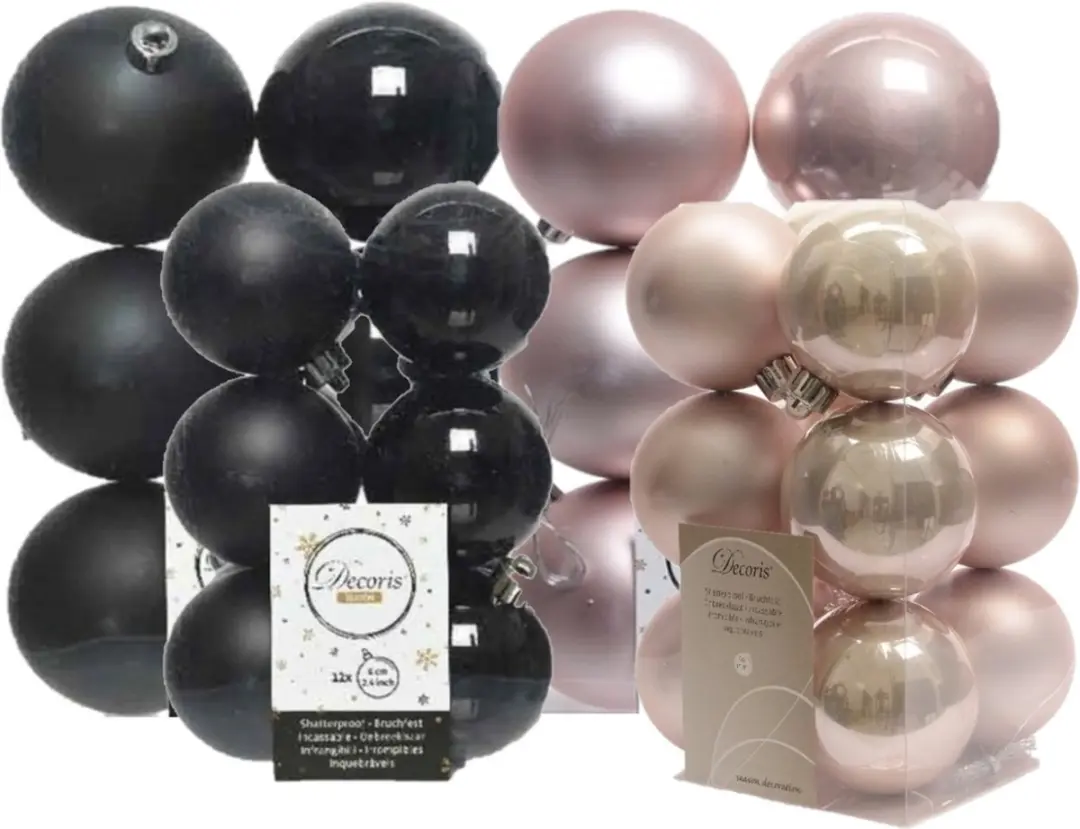 36x stuks kunststof kerstballen zwart en lichtroze 6 en 8 cm