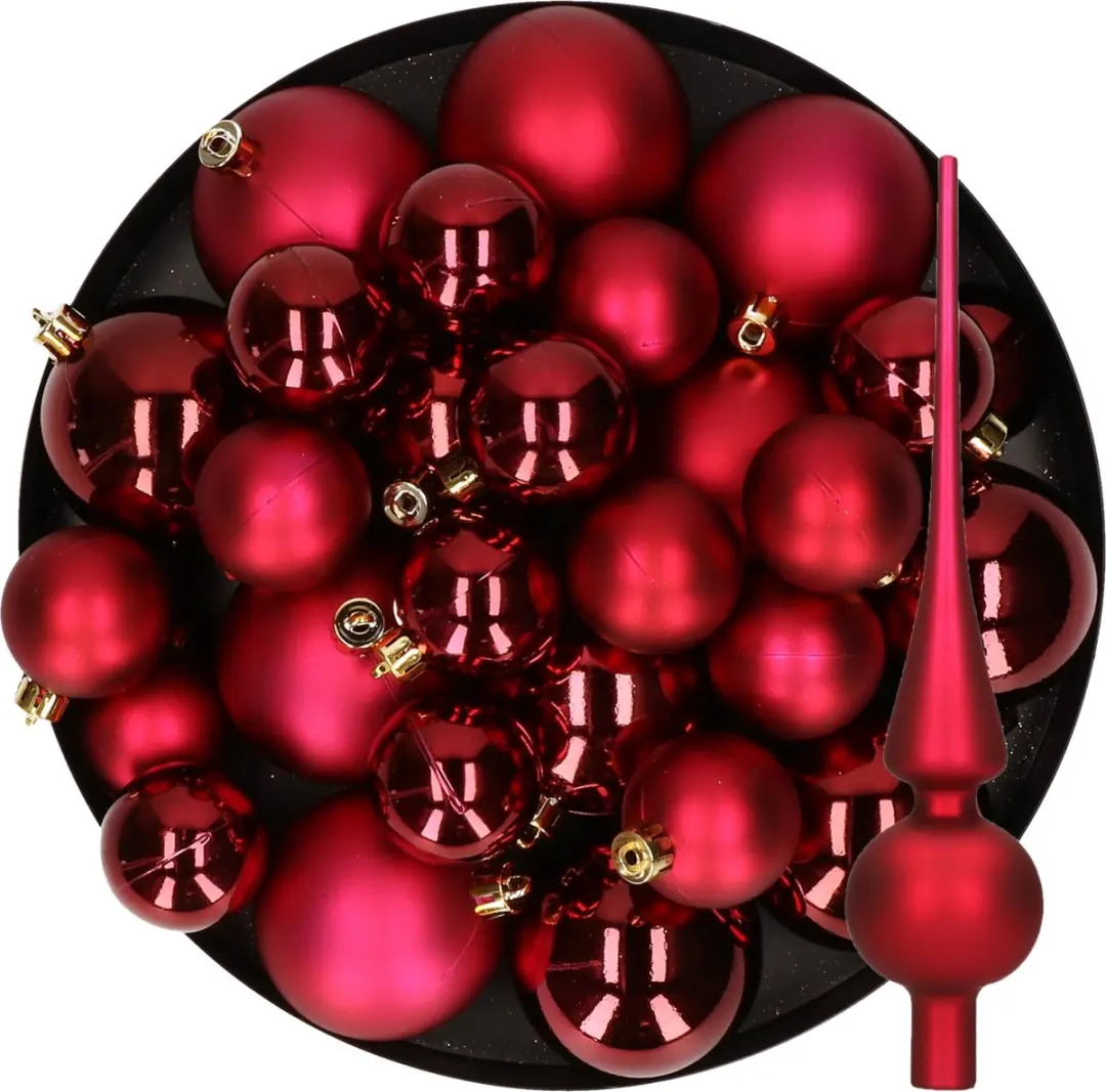 Kerstversiering kunststof kerstballen met glazen piek donkerrood 6-8-10 cm pakke