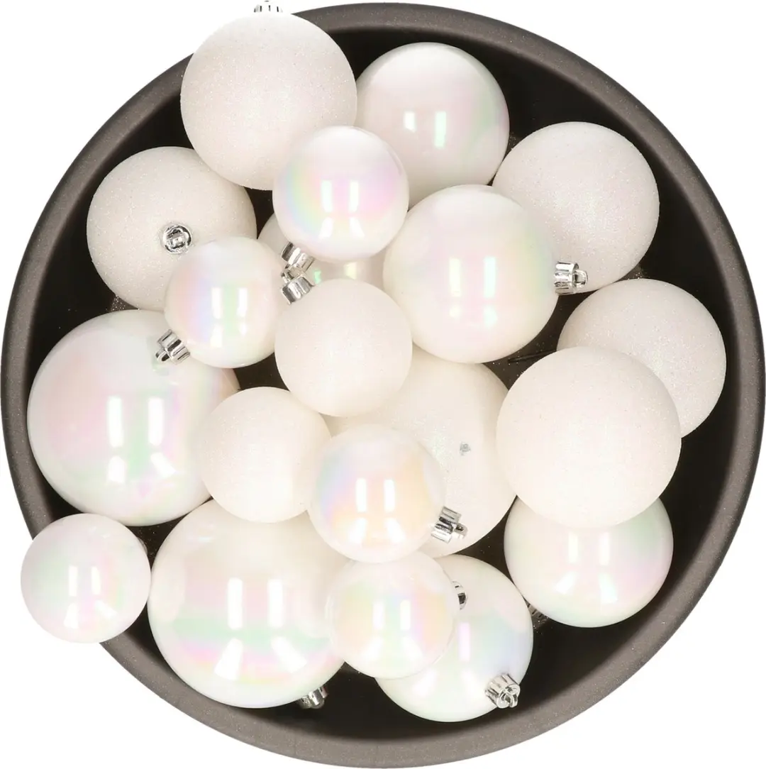 Decoris kerstballen - 26x st - parelmoer wit - kunststof - mix 6, 8 en 10 cm