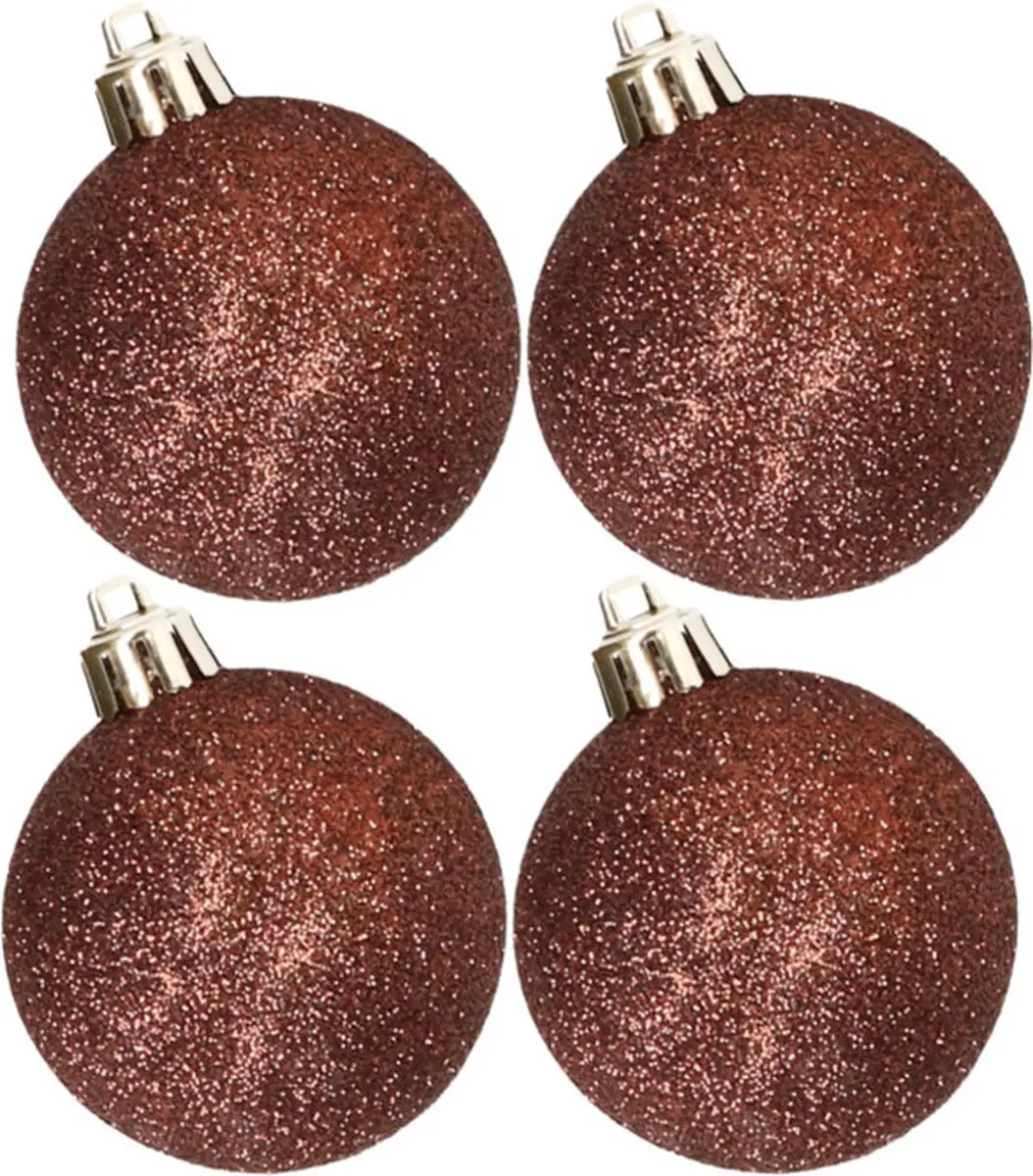 4x stuks kunststof glitter kerstballen donkerbruin 10 cm