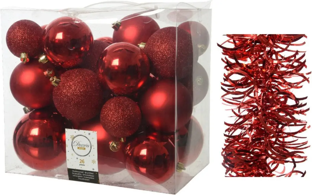 Kerstversiering kunststof kerstballen 6-8-10 cm met golf folieslingers pakket ro