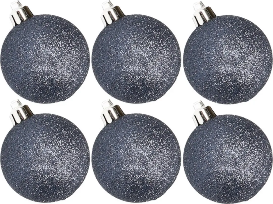 6x stuks kunststof glitter kerstballen donkerblauw 8 cm