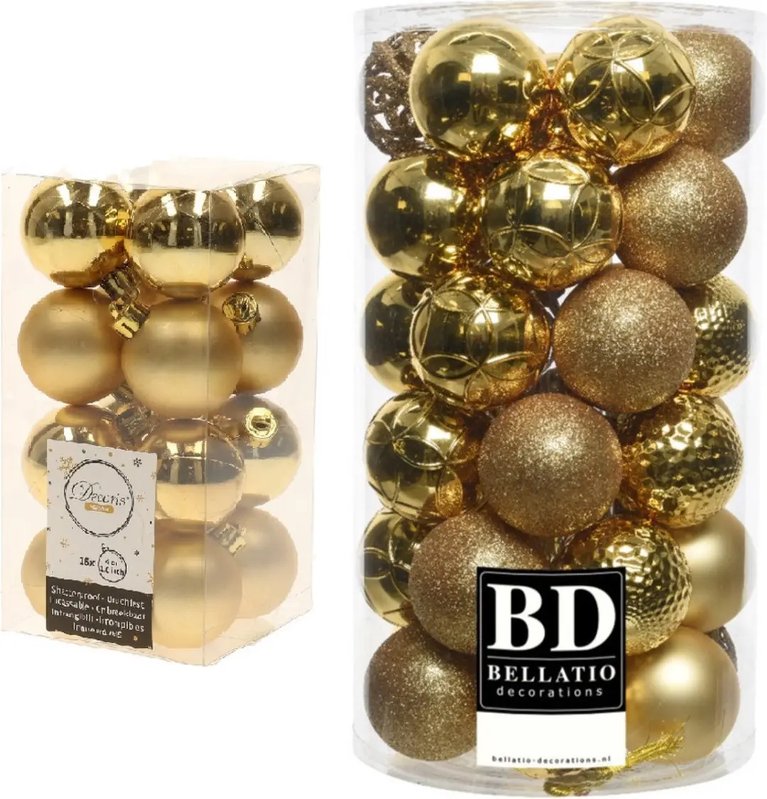 Kerstversiering kunststof kerstballen goud 4-6 cm pakket van 53x stuks