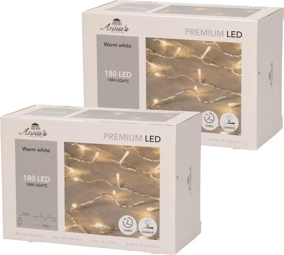 Set van 2x stuks kerstverlichting warm wit 180 leds met dimmer en timer functie
