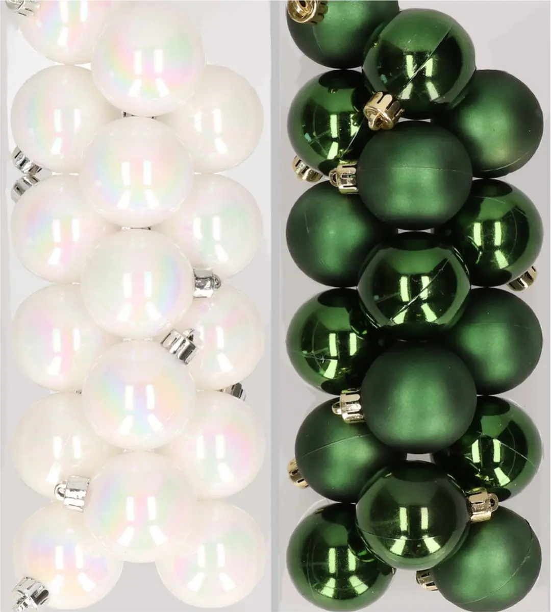 32x stuks kunststof kerstballen mix van parelmoer wit en donkergroen 4 cm - Kerstversiering