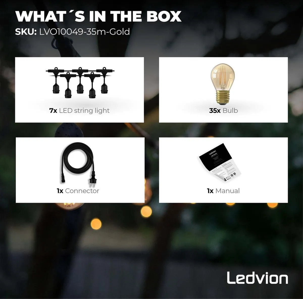 LEDVION Prikkabel 35m - 35x E27 LED Goud 35W 2100K IP65