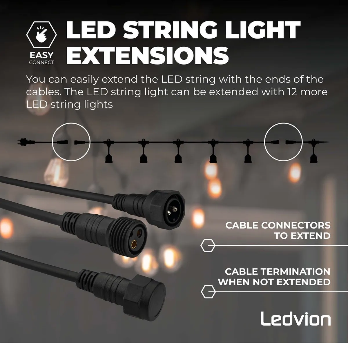 LEDVION Prikkabel 35m - 35x E27 LED Goud 35W 2100K IP65