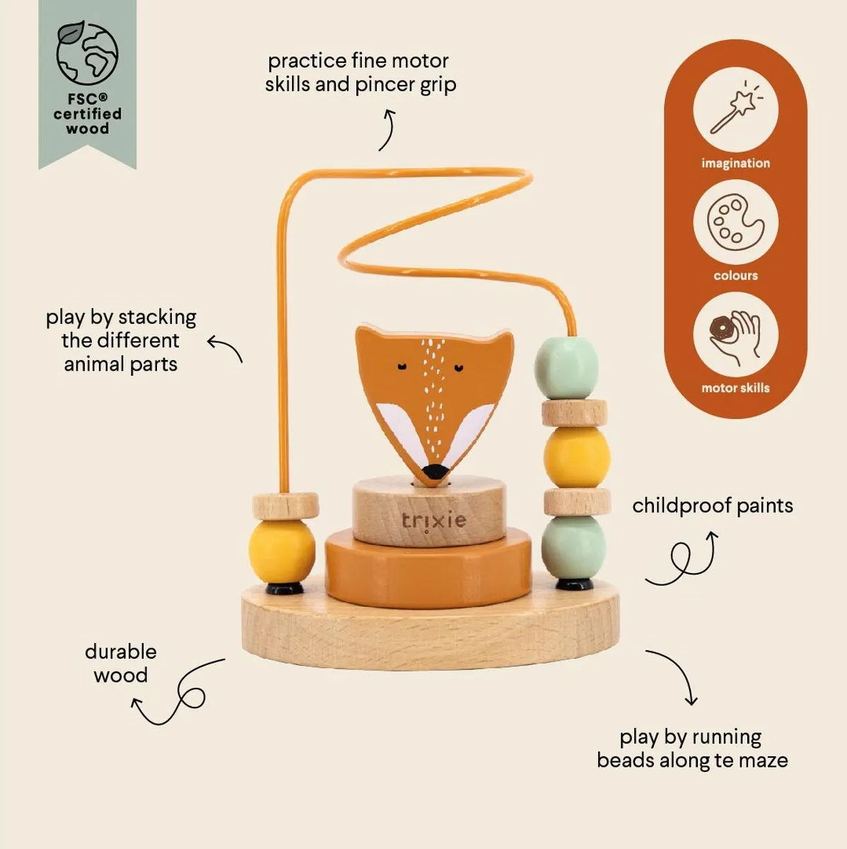 Trixie Houten Kralenframe Mr. Fox - Educatief Speelgoed