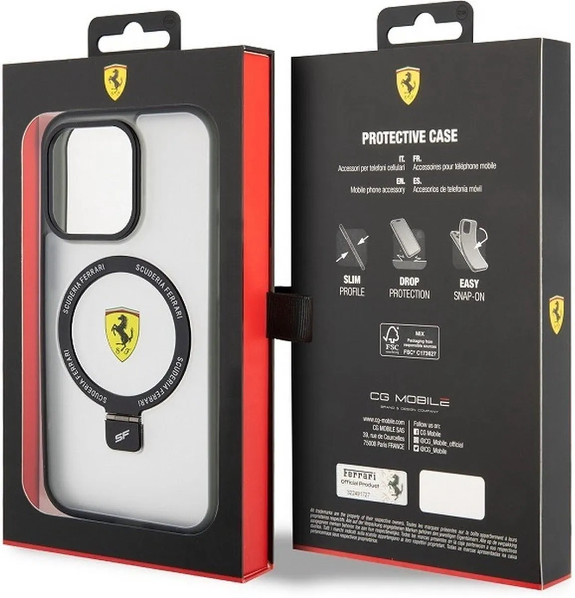 Ferrari Ring Stand Back Case MagSafe iPhone 15 Pro - Transparant
