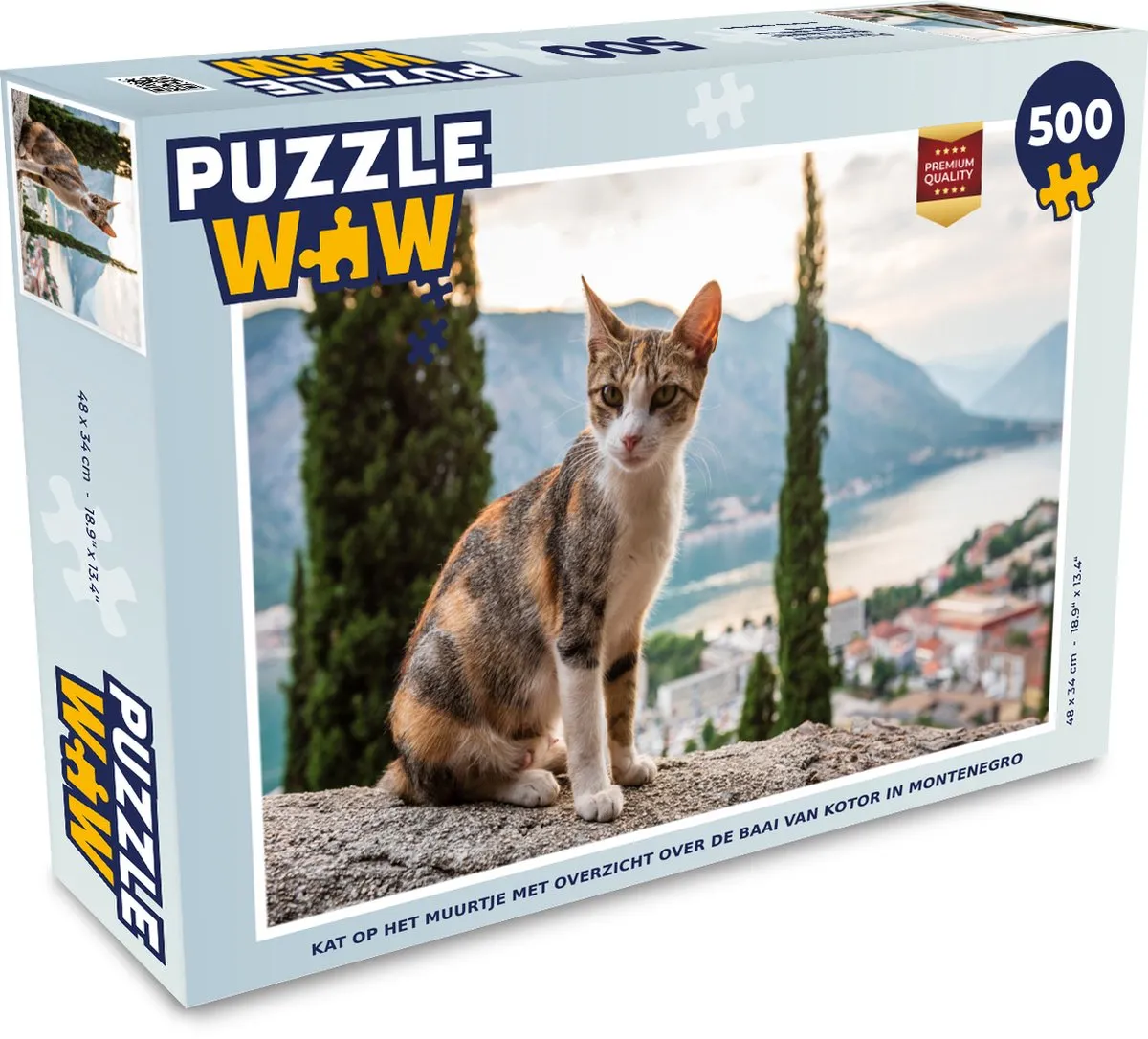 PuzzleWow Legpuzzel 500 Stuks - Kat op Muurtje Baai van Kotor - Multicolor