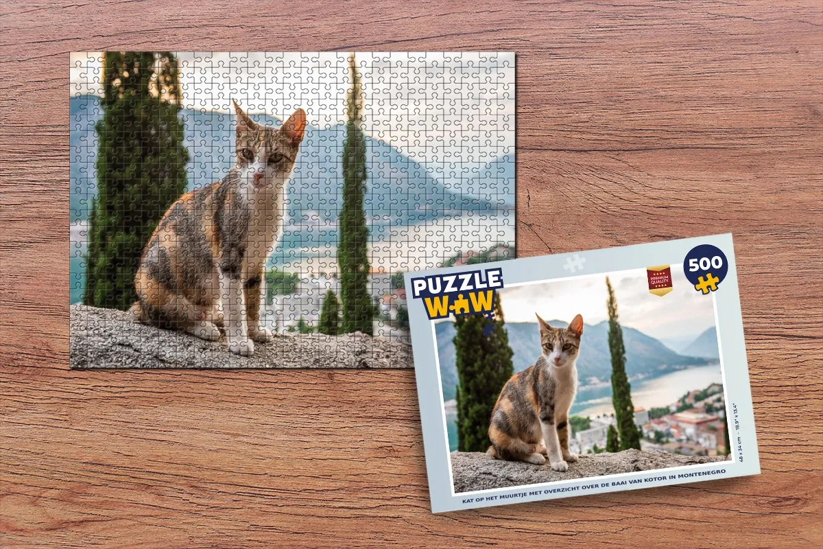 PuzzleWow Legpuzzel 500 Stuks - Kat op Muurtje Baai van Kotor - Multicolor