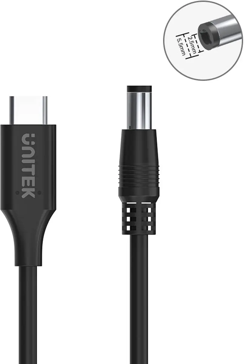 Unitek USB-C naar DC 5.5x2.5mm Kabel 1.8m - Zwart - afbeelding 2 van 3