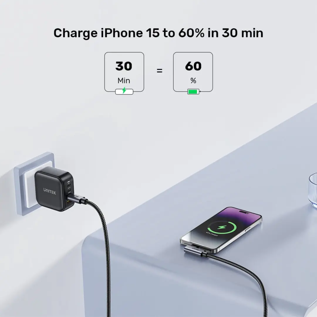 Unitek USB-C Kabel 90° PD 100W 2m - Zwart/Grijs - afbeelding 6 van 6