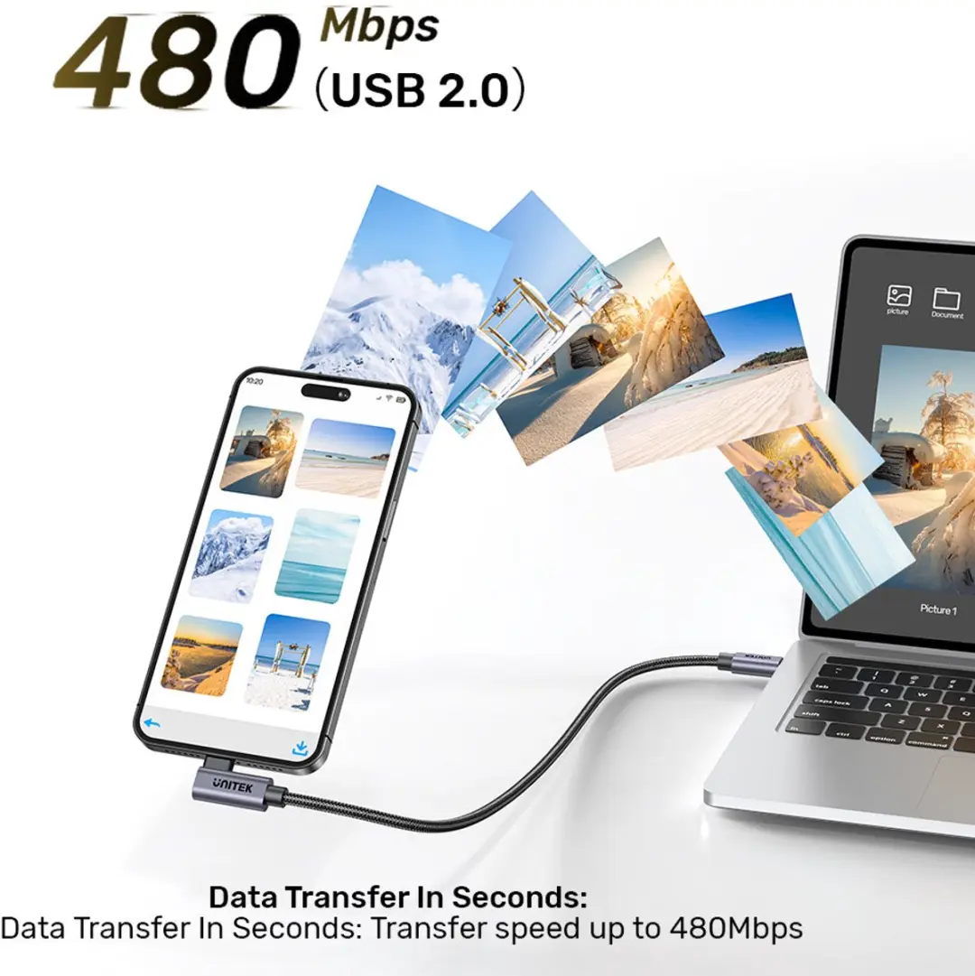 Unitek USB-C Kabel 90° PD 100W 2m - Zwart/Grijs - afbeelding 2 van 6
