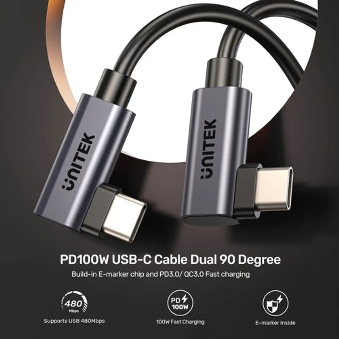Unitek USB-C Hoekkabel PD 100W 0,5m - Zwart - afbeelding 4 van 6