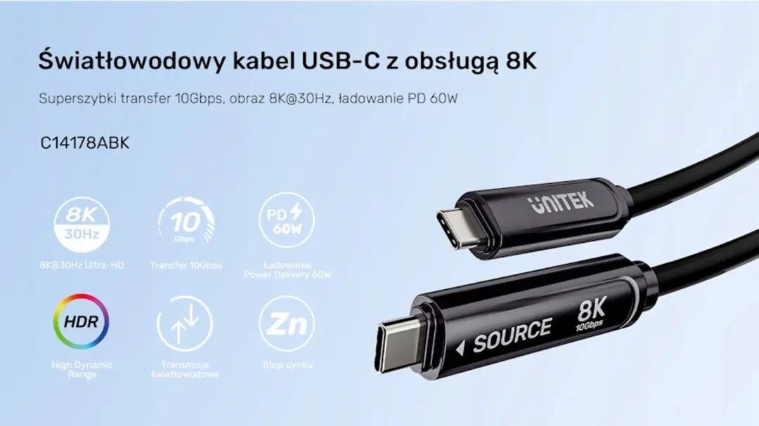 Unitek USB-C Optische Kabel C14178ABK01-5M 5m - 8K@30Hz 10Gbps PD60W - afbeelding 4 van 6