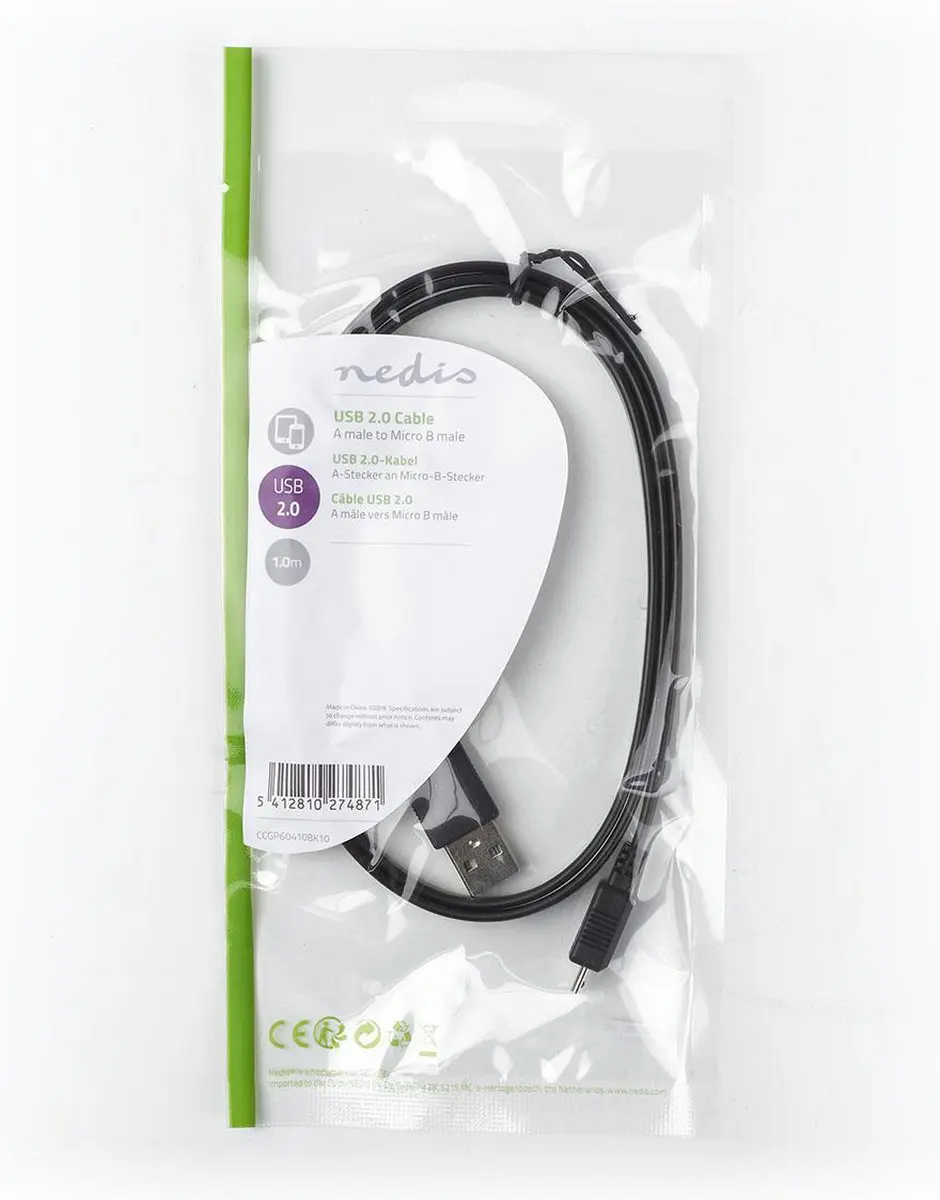 Nedis Platte USB 2.0 Kabel A-MicroB 1m - Zwart - afbeelding 3 van 6