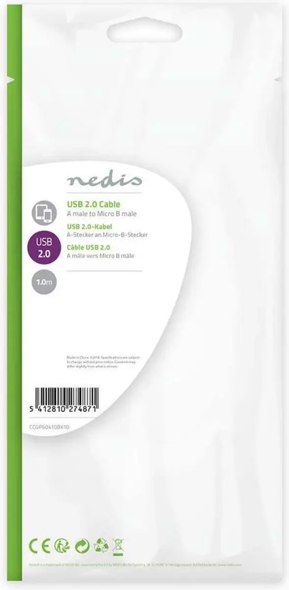 Nedis Platte USB 2.0 Kabel A-MicroB 1m - Zwart - afbeelding 2 van 6