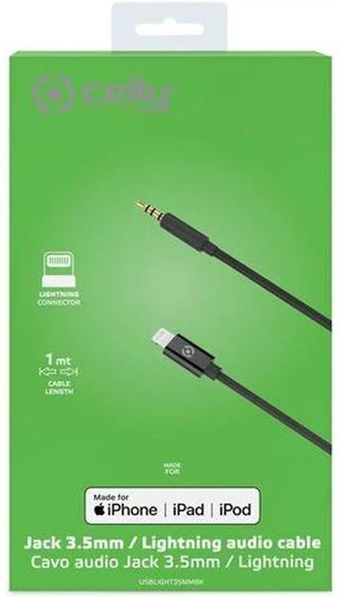 Celly USBLIGHT35MMBK USB-kabel 1m 3,5mm Lightning - Zwart - afbeelding 3 van 6