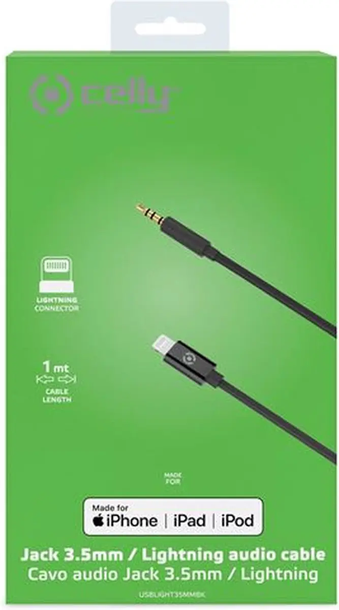 Celly USBLIGHT35MMBK USB-kabel 1m 3,5mm Lightning - Zwart - afbeelding 6 van 6