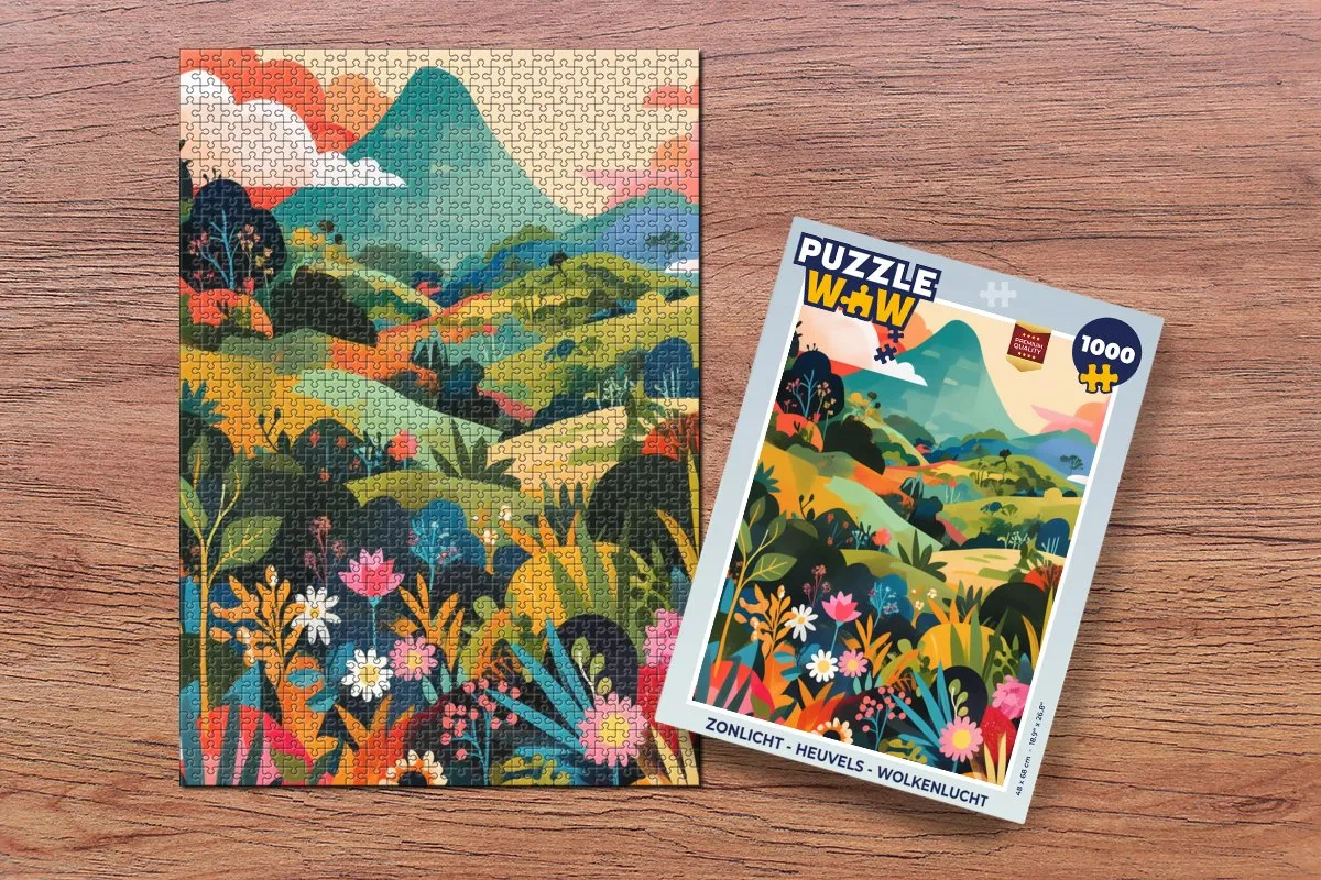 PuzzleWow Zonlicht Legpuzzel 1000 Stuks - Heuvels/Bloemen/Wolken