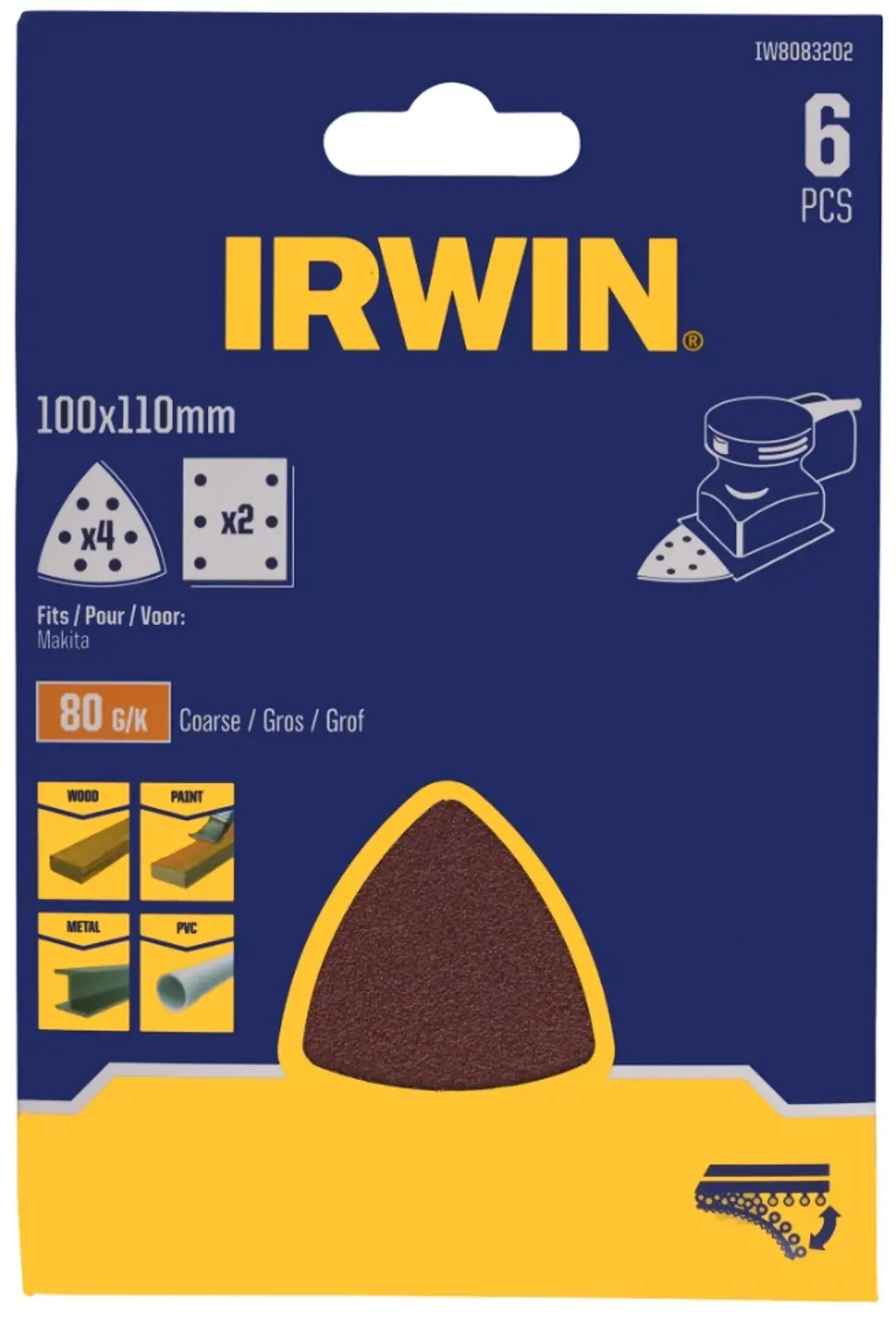 Irwin schuurvel voor Makita Tristar, zelfklevend K80, 6 stuks