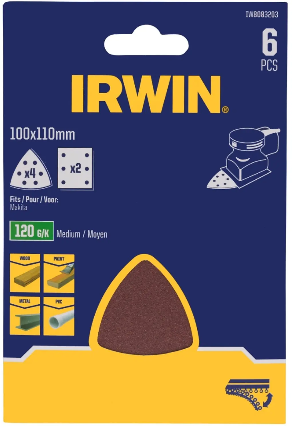 Irwin schuurvel voor Makita Tristar, zelfklevend K120, 6 stuks