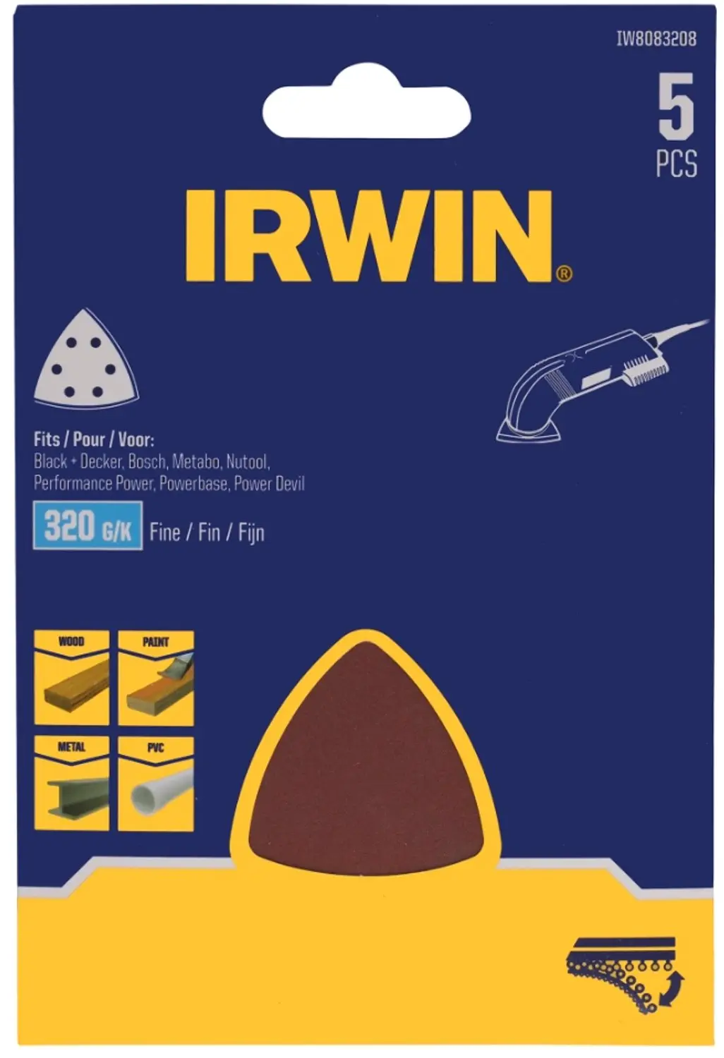 Irwin schuurvel driekhoek 95 x 95 mm zelfhechtend K320, 5 stuks
