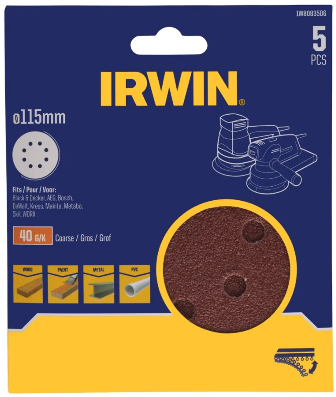Irwin schuurschijf rond Ø115 mm zelfhechtend K40, 5 stuks