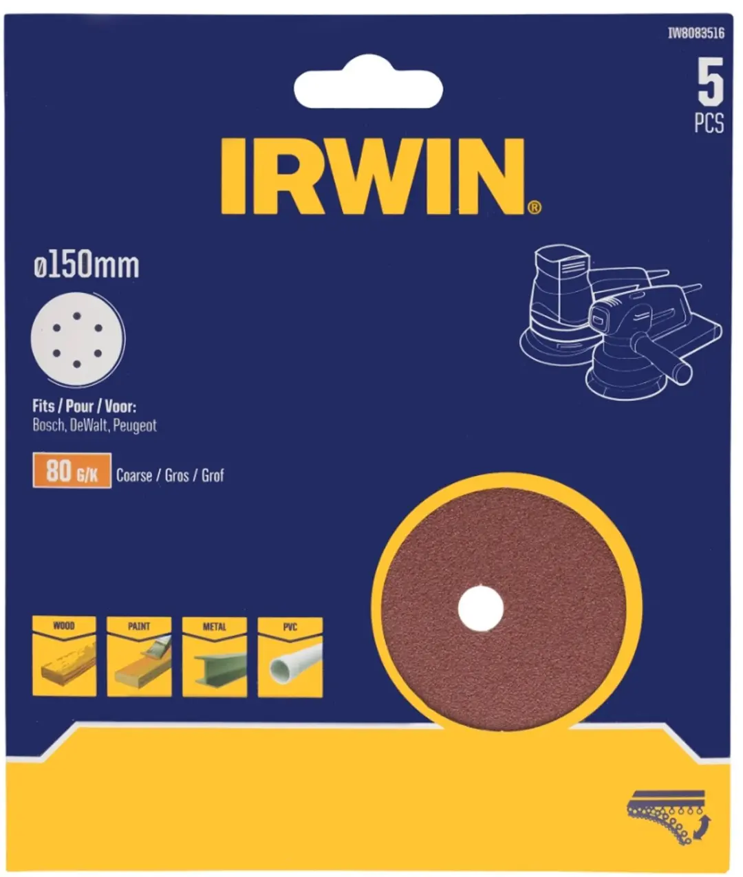 Irwin schuurschijf rond Ø150 mm zelfhechtend K80, 5 stuks