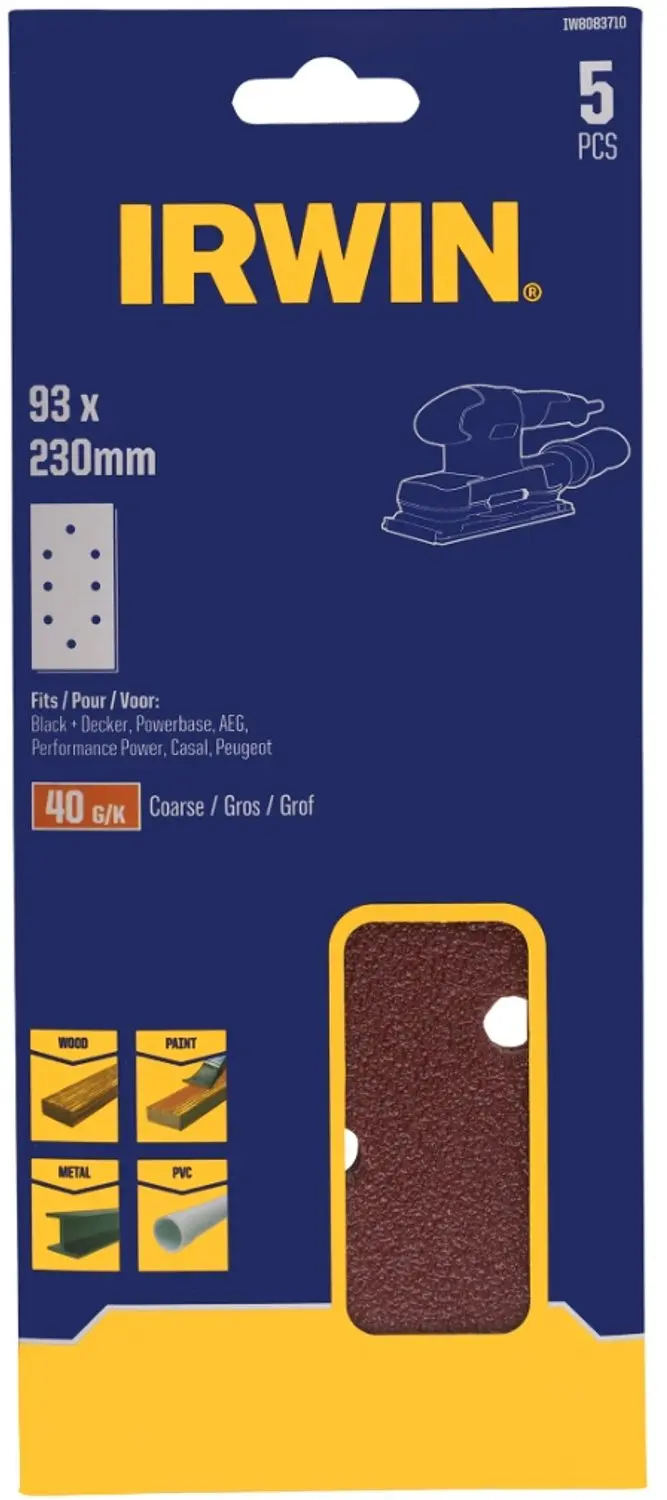 Irwin schuurvel 230 x 93 mm K40 voor klembevestiging, met perforatie voor B+D, 5