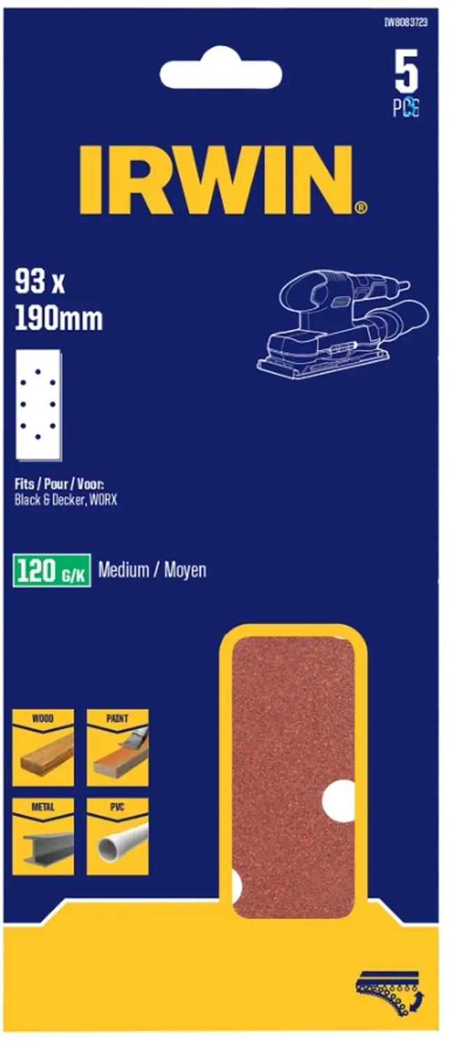 Irwin schuurvel 190 x 93 mm K80 zelfhechtend, met perforatie voor B+D, 5 stuks.